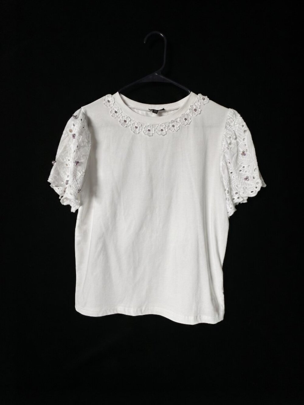 On Twelfth White Pearl & Eyelet Lace Embellished Tee, Size S